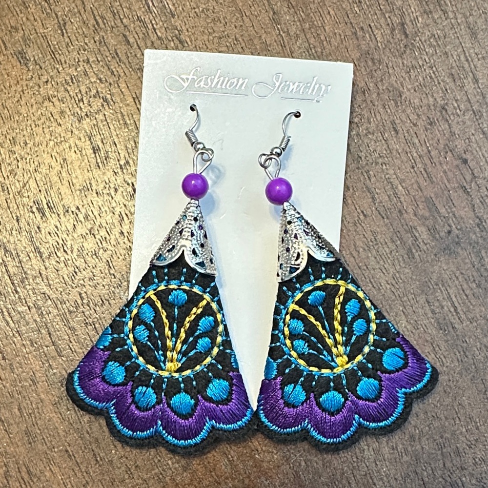 Vibrant Purple and Blue Embroidered Earrings